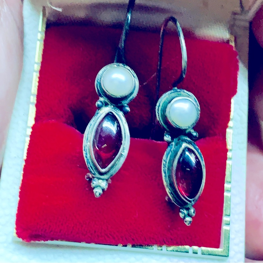 Real Pearl Earrings Sterling Silver W/Garnets Hook Earrings